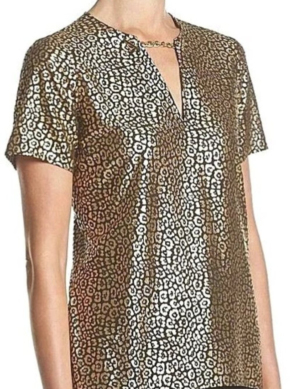 MICHAEL Michael Kors Black Gold Metallic Animal Print Keyhole Top Size M